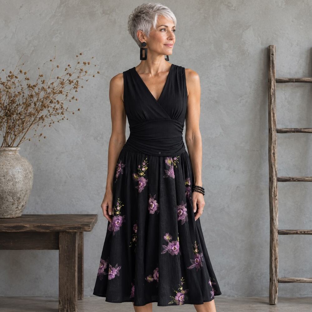 SL Fashions Black Purple Floral Embroidered Knit Taffefta  Fit & Flare Dress